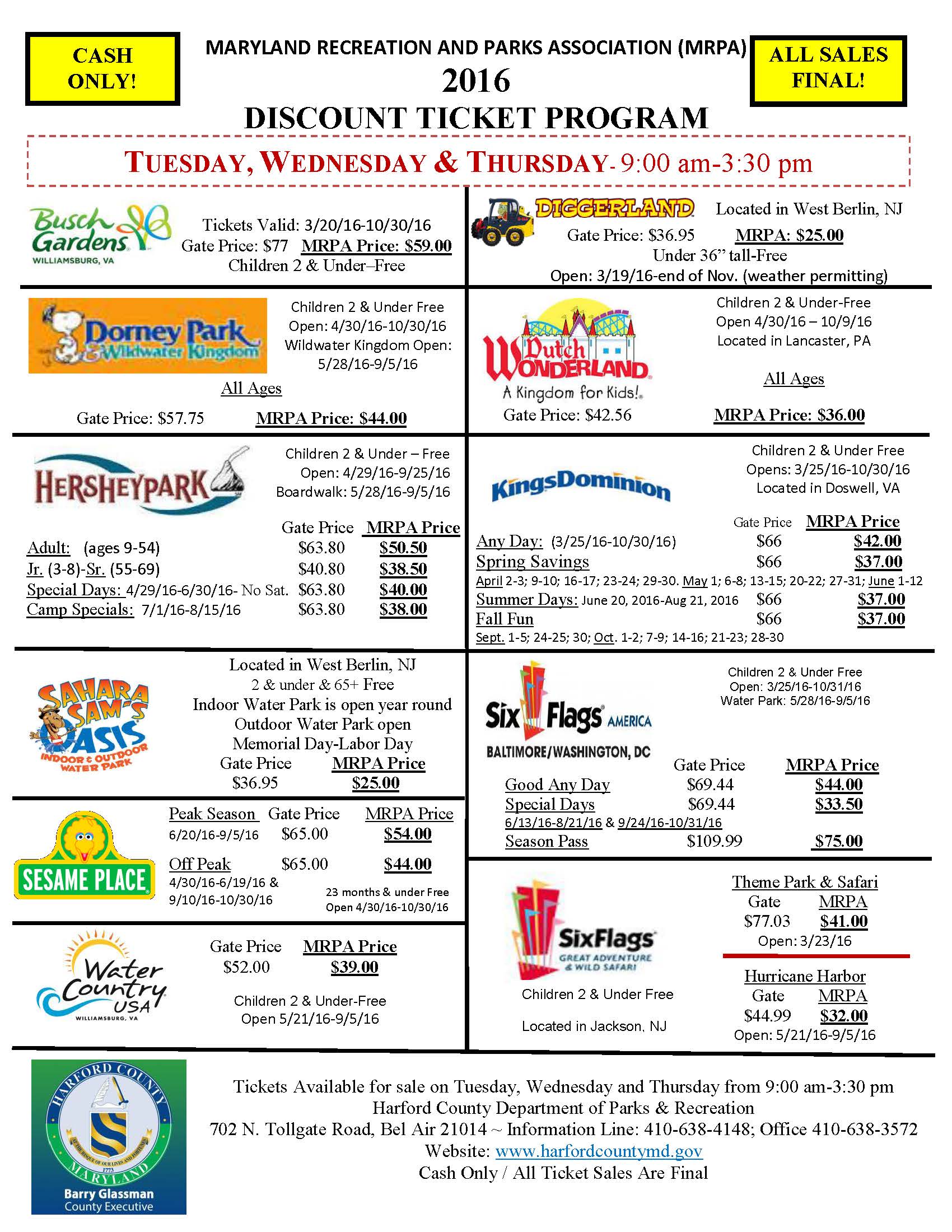 2016 Discount Amusement Park Tickets from Harford County Parks & Rec