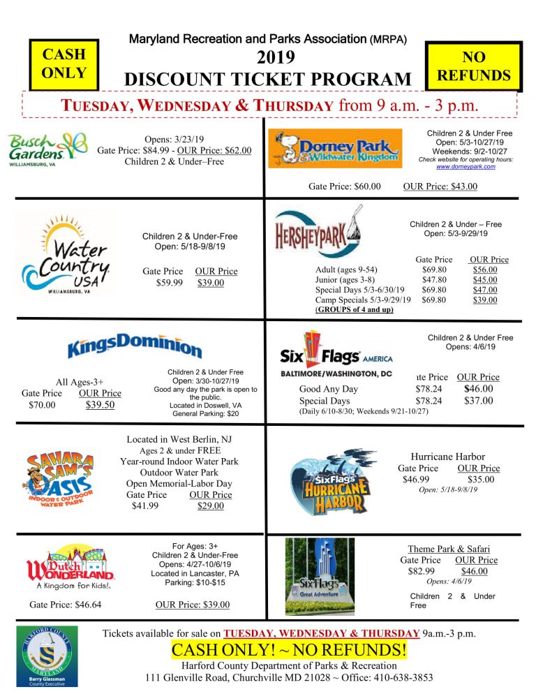 2019 Discounted Amusement Park Tickets from Harford County Parks & Rec