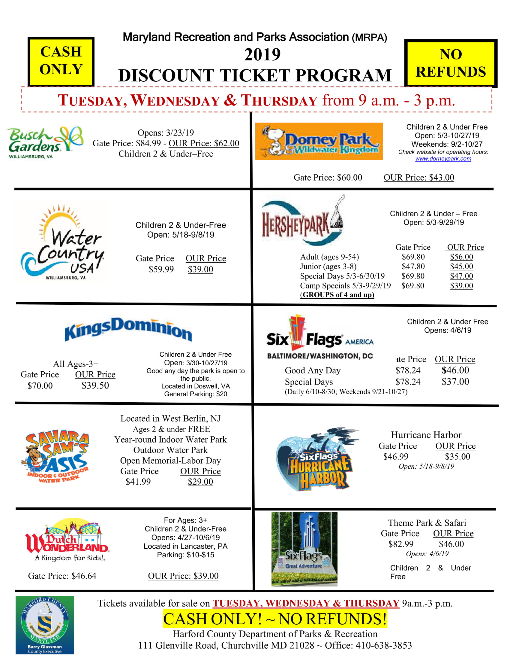 2019 Discounted Amusement Park Tickets from Harford County Parks & Rec!